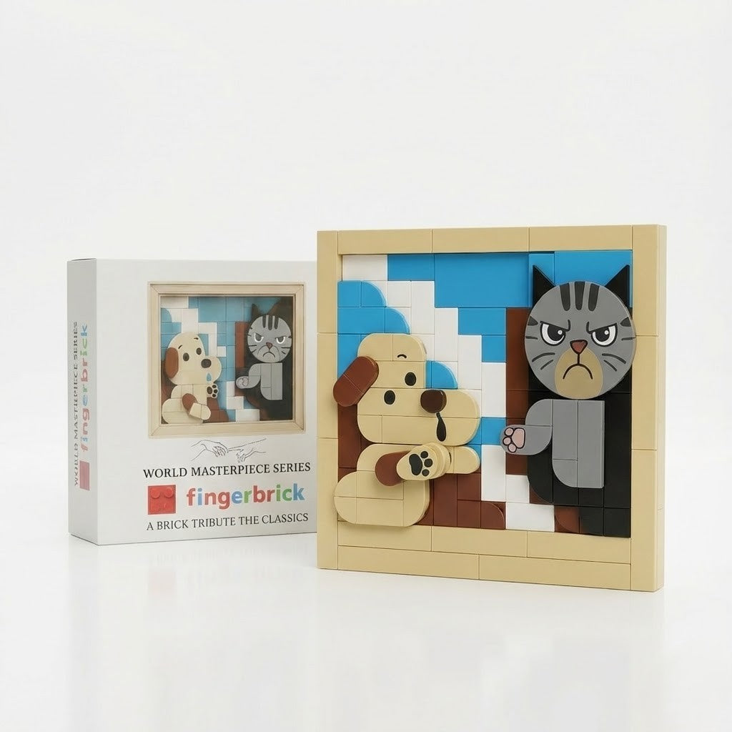 Funny Dog and Cat Building Blocks Set - "Creation of Adam" Art Parody Brick Picture, DIY 3D Mosaic Toy, Unique Gift for Pet Lovers & Adults, Home Desk Decor