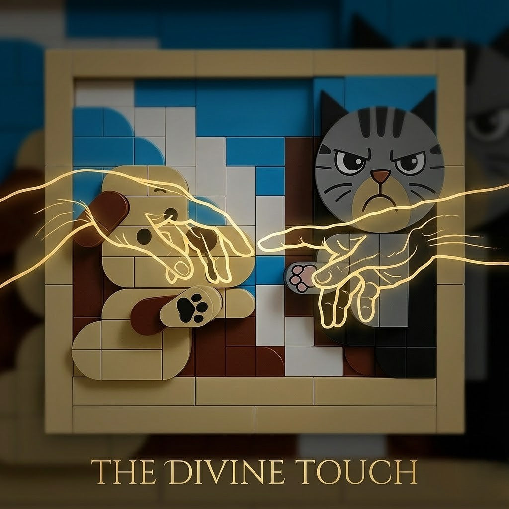 Funny Dog and Cat Building Blocks Set - "Creation of Adam" Art Parody Brick Picture, DIY 3D Mosaic Toy, Unique Gift for Pet Lovers & Adults, Home Desk Decor
