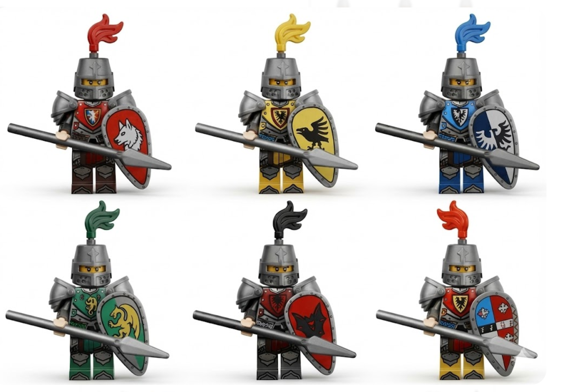 Medieval Knight Minifigures Set – 6 Armor Warriors with Shields & Spears