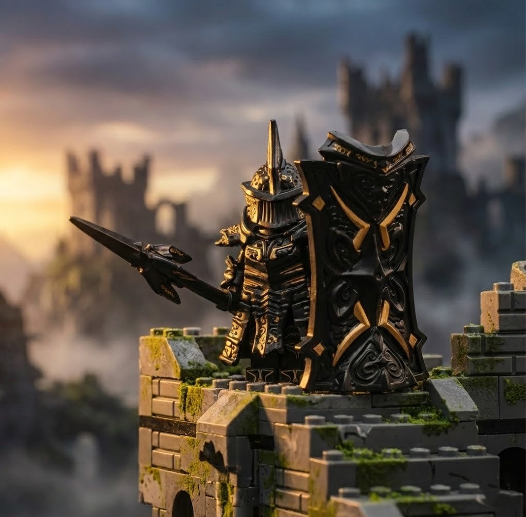 Dark Knight Minifigure with Shield & Armor – Medieval Fantasy Building Block Figure
