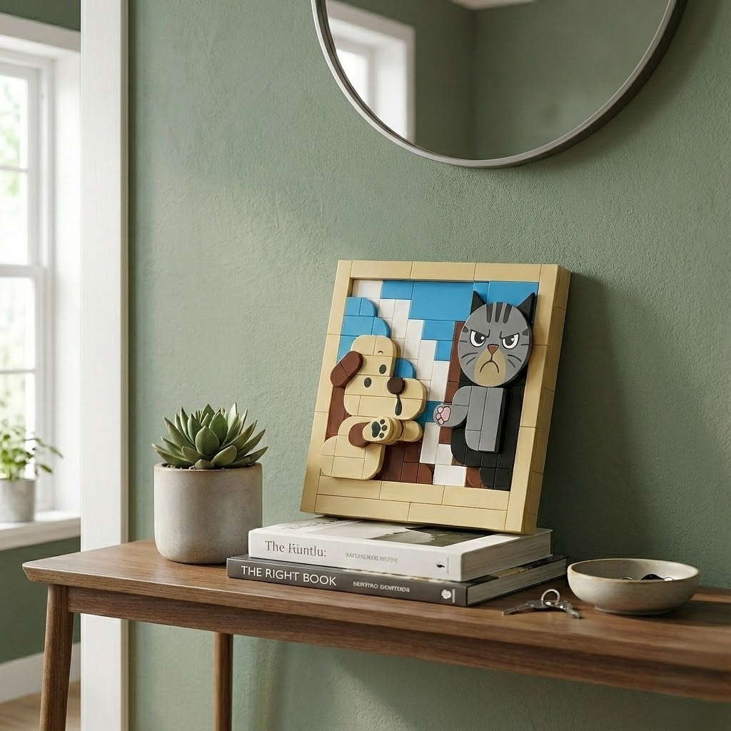 Funny Dog and Cat Building Blocks Set - "Creation of Adam" Art Parody Brick Picture, DIY 3D Mosaic Toy, Unique Gift for Pet Lovers & Adults, Home Desk Decor