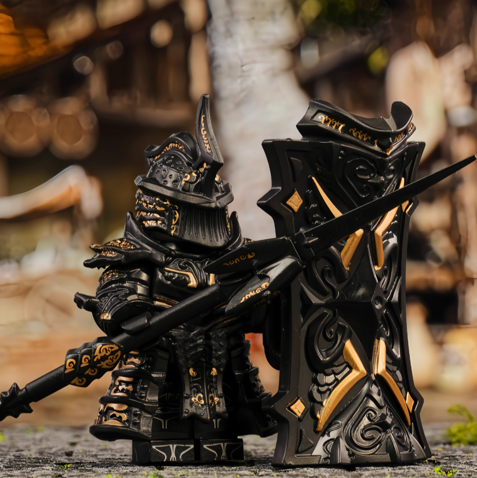 Dark Knight Minifigure with Shield & Armor – Medieval Fantasy Building Block Figure