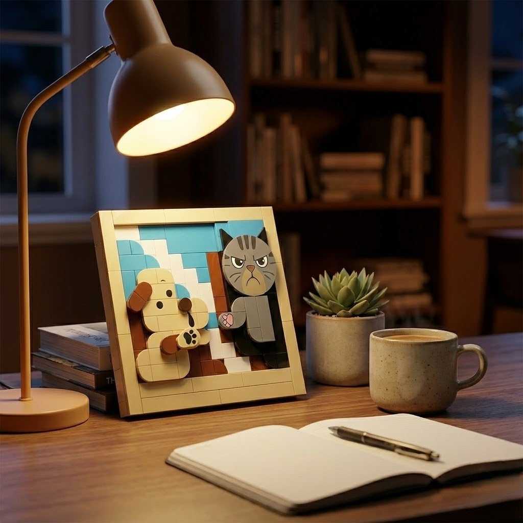Funny Dog and Cat Building Blocks Set - "Creation of Adam" Art Parody Brick Picture, DIY 3D Mosaic Toy, Unique Gift for Pet Lovers & Adults, Home Desk Decor