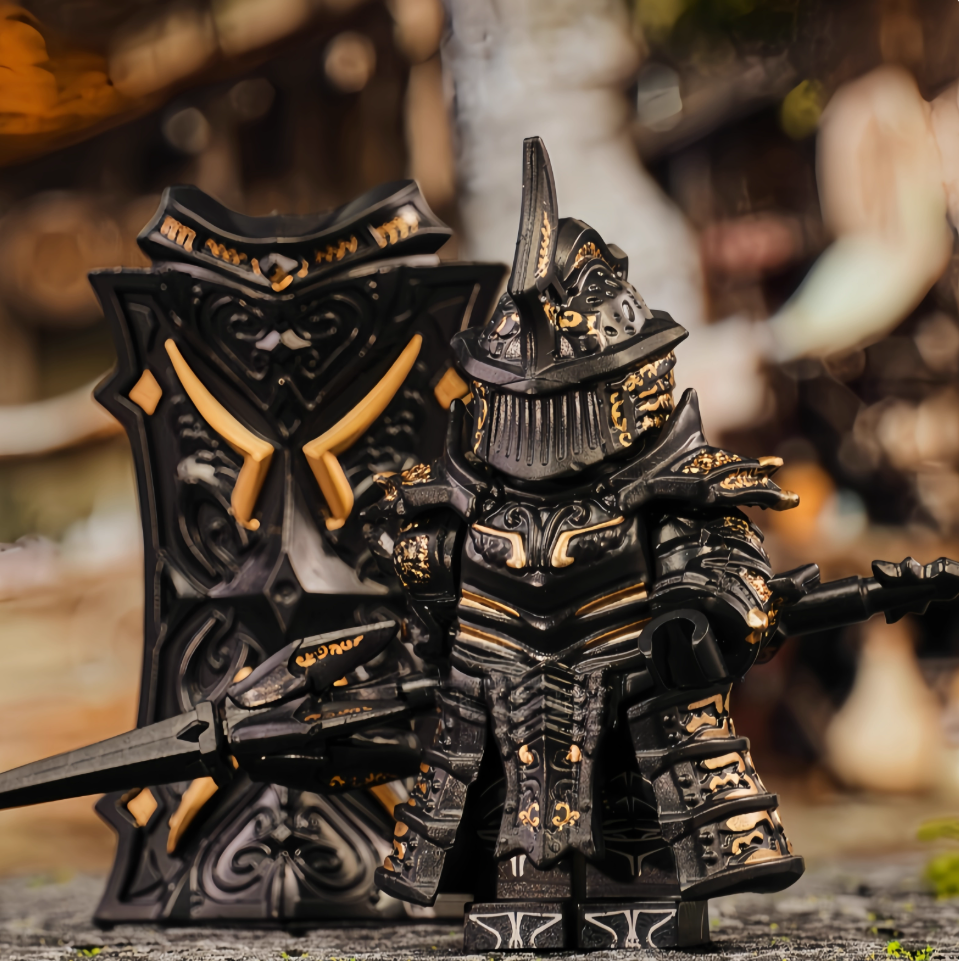 Dark Knight Minifigure with Shield & Armor – Medieval Fantasy Building Block Figure