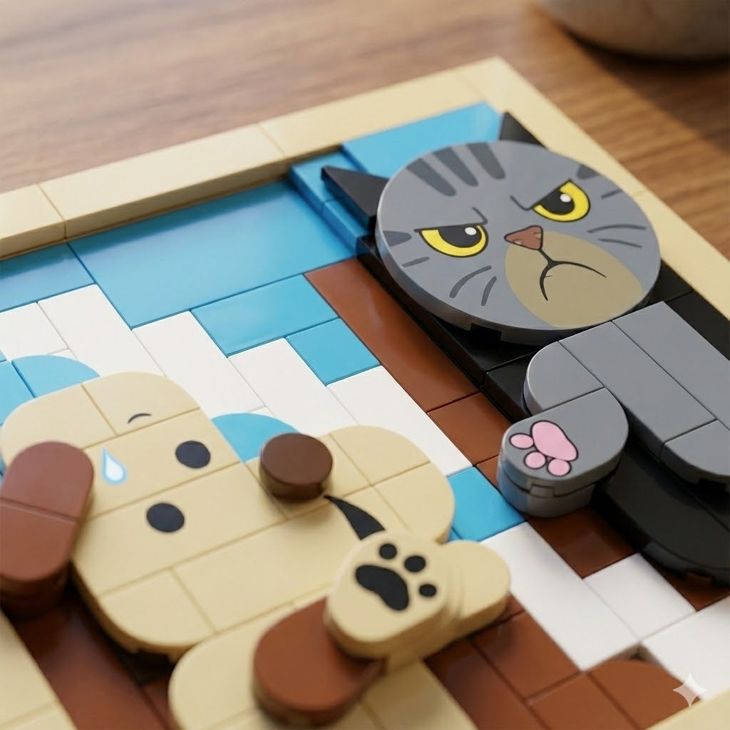 Funny Dog and Cat Building Blocks Set - "Creation of Adam" Art Parody Brick Picture, DIY 3D Mosaic Toy, Unique Gift for Pet Lovers & Adults, Home Desk Decor