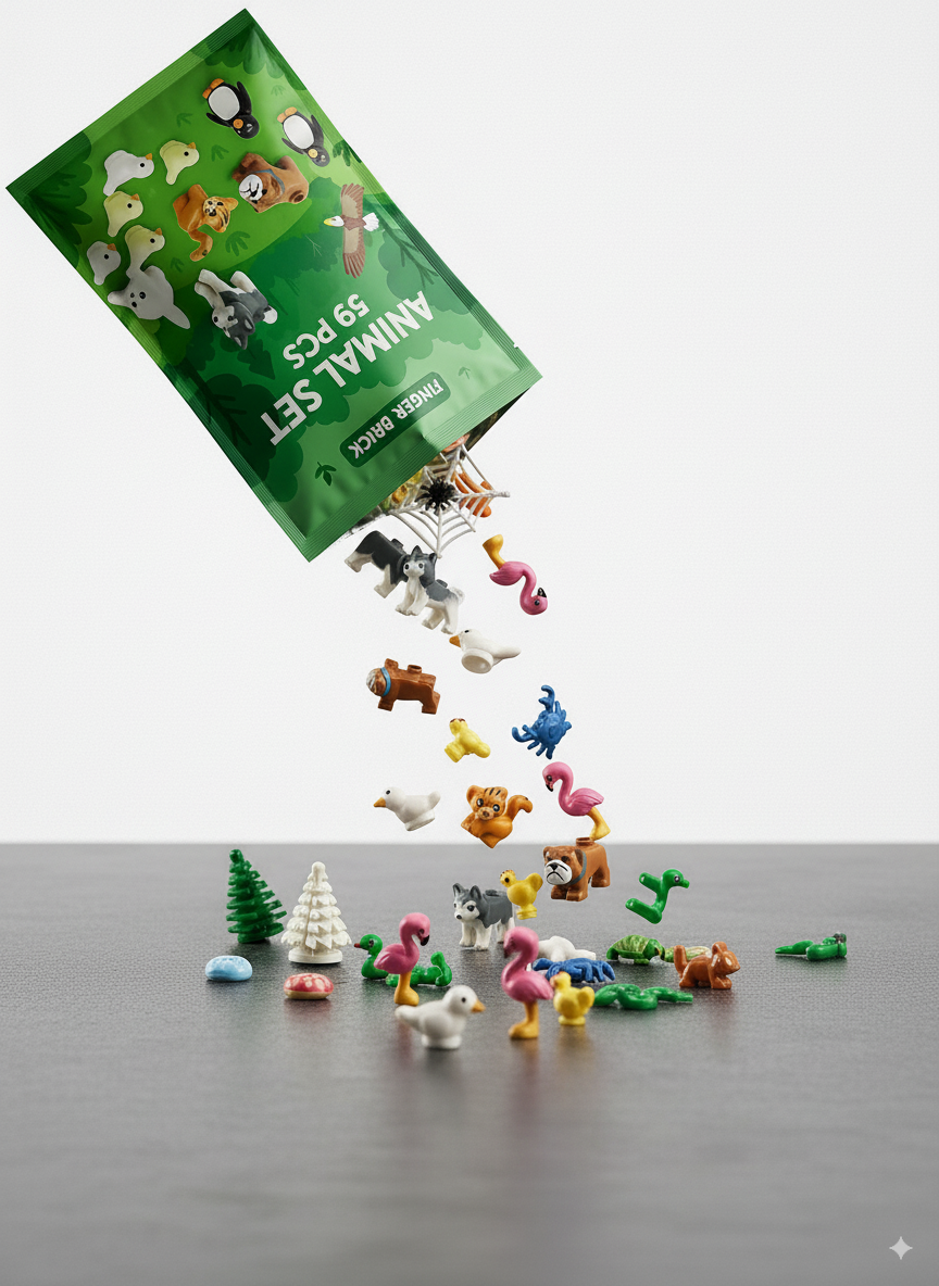 59Pcs Building Block Animal Figures Set - Zoo, Farm & Jungle Parts Pack - Compatible with Major Brands - Includes Husky, Eagle, Flamingo & Scene Accessories for DIY MOC