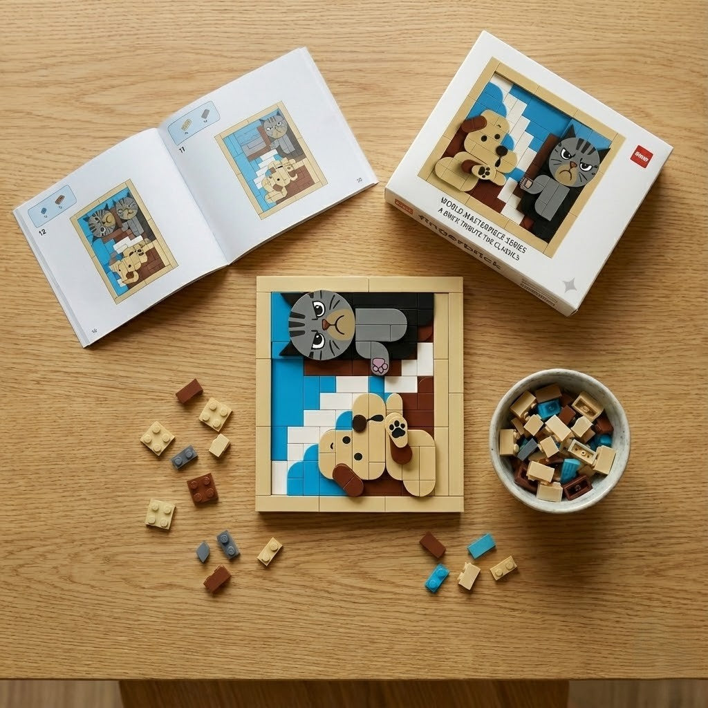 Funny Dog and Cat Building Blocks Set - "Creation of Adam" Art Parody Brick Picture, DIY 3D Mosaic Toy, Unique Gift for Pet Lovers & Adults, Home Desk Decor