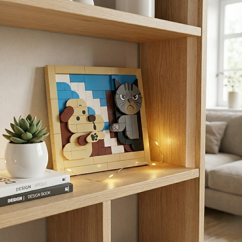 Funny Dog and Cat Building Blocks Set - "Creation of Adam" Art Parody Brick Picture, DIY 3D Mosaic Toy, Unique Gift for Pet Lovers & Adults, Home Desk Decor