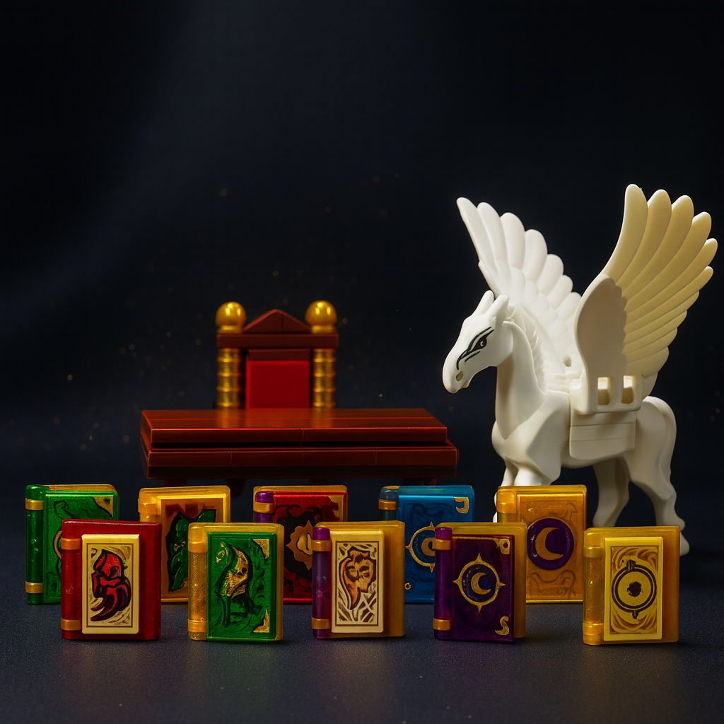 FingerBrick Fantasy Magic Set, 12 Spell Books with Pegasus and Throne, Building Toy Accessories Compatible with Major Brick Brands